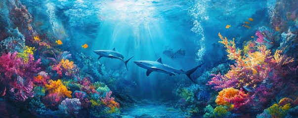 Vibrant underwater ocean scene with sharks and colorful coral reefs