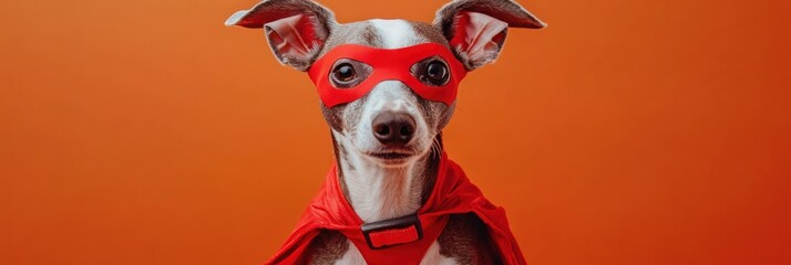 Super dog in red cape and mask on orange background.