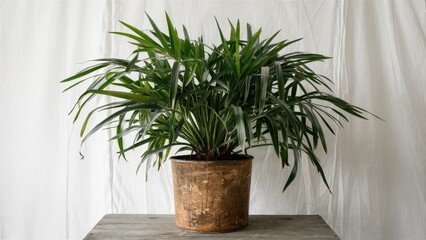 Lush green Kirengeshoma palmata plant in a rustic brown pot centered on a wooden table with a soft white backdrop creating a serene indoor setting