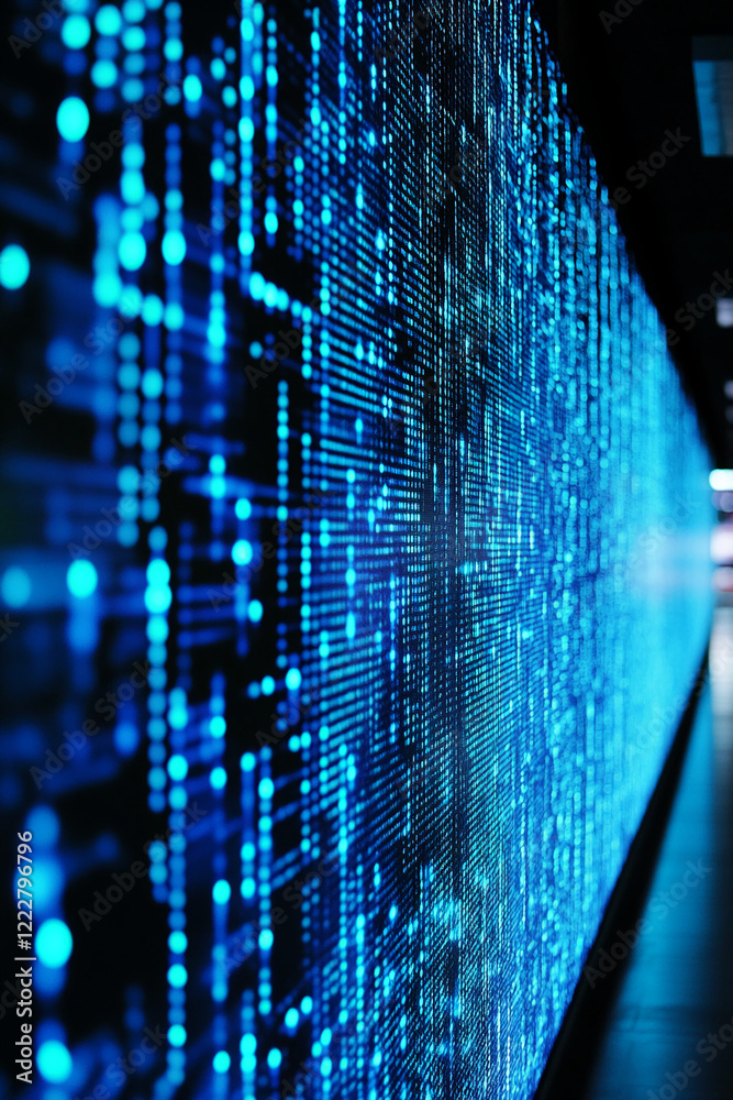 Poster abstract glowing blue digital data flow with particles on a dark background. business background