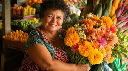 Smiling senior woman holds a large bouquet of flowers at a vibrant market.