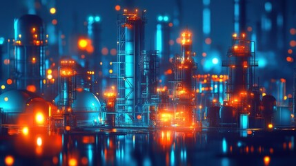 Obraz premium Illuminated Industrial Complex Night Scene Refinery Towers