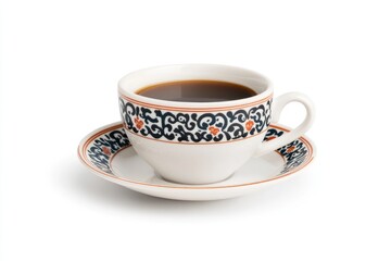 Elegant coffee cup with intricate design on saucer, placed on a clean surface, showcasing rich beverage