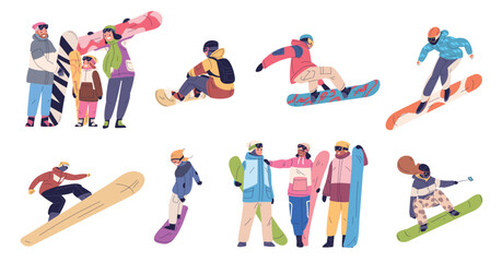 Snowboard riders. Snowboarder friends or family group, winter fun extreme active sport people ski resort outdoor alps mountain, snow board skiing set classy vector illustration