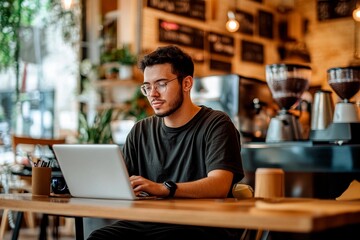Fototapeta premium Young man immersed in work at a cozy cafe filled with greenery and inviting decor