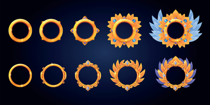 Game level frames. Golden circle borders, user avatar gaming rank progress gold ring ui asset round button medieval fantasy rpg decor levels up frame, swanky vector illustration