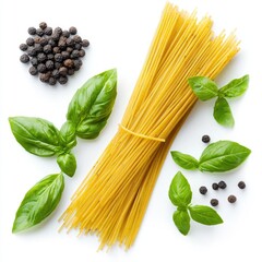 Pasta, basil, peppercorns; cooking ingredients; white background; food photography; recipe illustration