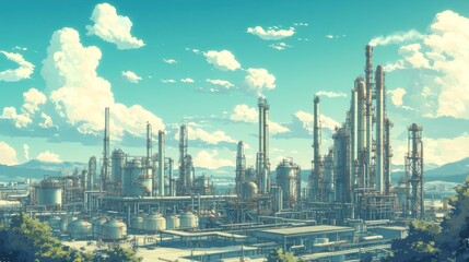 Fototapeta premium A sprawling industrial complex under a bright summer sky