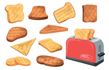 Bread toasts slices. Rye or wheat bread toast for sandwich french breakfast, loaf square toaster slice sandwiches pastry bakery products pieces cartoon set neat vector illustration