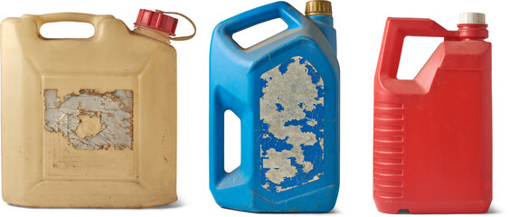 set of old used different types of plastic cans or containers isolated white background, light...