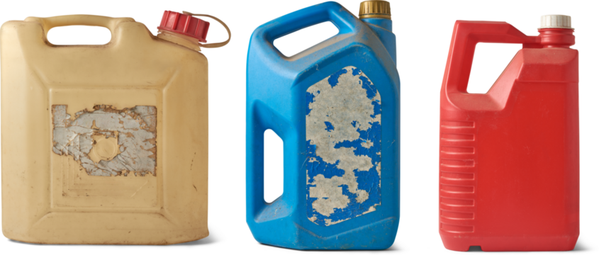 set of old used different types of plastic cans or containers isolated white background, light beige, blue, red color empty waste gallon canisters