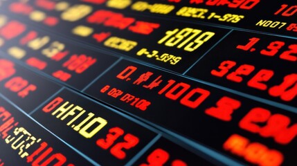 Fototapeta premium Close-up of a stock ticker displaying financial data, numbers, and symbols in red and yellow on a dark background.