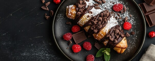 Chocolate crepes with raspberries and mint on dark plate