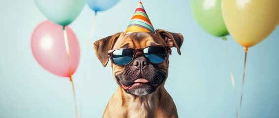 Cute puppy dog wearing sunglasses and party hat with colorful balloons.