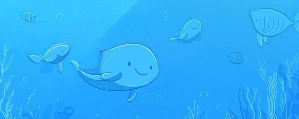 A cheerful underwater scene featuring a whale and small fish in a vibrant blue ocean.