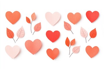 Colorful paper hearts and leaves arranged artistically on a white background, perfect for seasonal decor