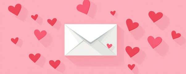 Valentine's day envelope with red hearts on pink background