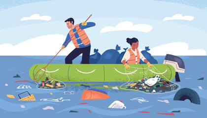 Sea boat collect garbage. Volunteer people clean ocean water, collecting plastic waste in polluted river lake, save ecology of trash damage environment classy vector illustration © ssstocker