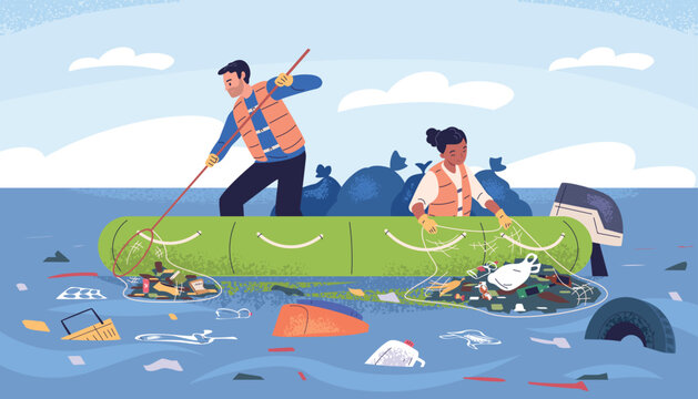 Sea boat collect garbage. Volunteer people clean ocean water, collecting plastic waste in polluted river lake, save ecology of trash damage environment classy vector illustration