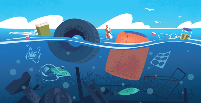 Plastic waste in sea. Floating garbage underwater polluted ocean water, marine trash harm environment ecosystem litter dump dirty river rubbish landscape classy vector illustration