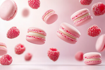Fototapeta premium Delight in pink macarons with fresh raspberries, showcasing exquisite desserts, gourmet treats, and luxurious culinary elegance for indulgence.