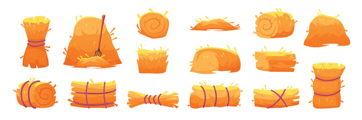 Cartoon haystacks. Hay of bale, dried straw stack farm wheat baling thatch pile roll fodder hayrick with pitchfork rural harvest farming set for ranch, swanky vector illustration