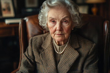 Portrait of an elderly woman with silver hair, wearing a tweed jacket and pearl necklace, sitting in a leather armchair.