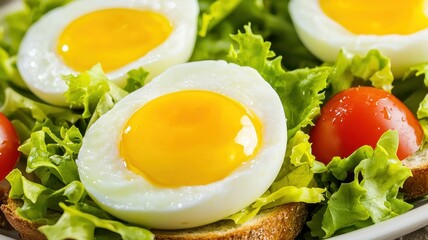 Delicious Soft Boiled Eggs with Fresh Salad and Tomatoes on Toast