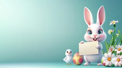 Easter bunny. Modern egg, bunnies for kids standing with placard. Rabbit or hare, spring festive animal with flower and chick. Cartoon holiday decent vector character