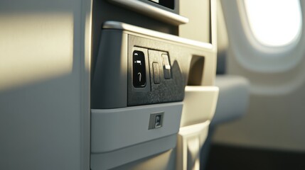 Close-up view of an airplane interior control panel with sunlight illuminating the textures