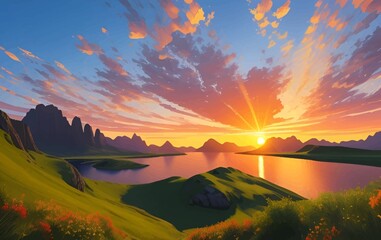 Beautiful and Peaceful Nature Scenery Illustration Landscape Countryside Tranquil Vibrant and Colorful