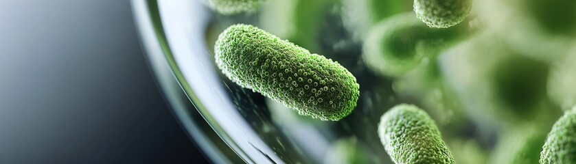 This simulated microscope view showcases enlarged bacteria glowing in vibrant green against a dark vignette