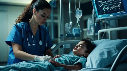 A nurse compassionately cares for a young patient in a hospital.