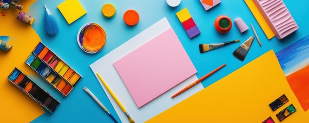 Colorful art supplies on bright background for creative projects