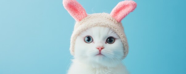 Adorable white cat wearing pink bunny ear hat against blue background