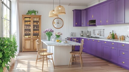 Sunlit purple kitchen island, pantry, flowers. Home decor, design inspiration