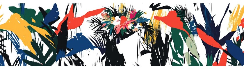 Tropical floral abstract art; vibrant colors, leaves, design; textile print