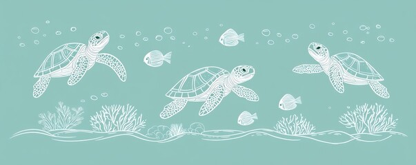 Illustration of swimming turtles with fish and coral in a serene underwater scene.
