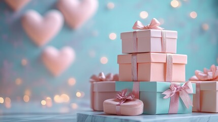 A tiered stack of triangular pastel peach and mint gift boxes with velvet ribbons, arranged neatly on a white marble surface, against a soft lilac and teal glowing heart background, Valentine's day