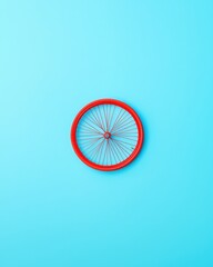 Vibrant Red Bicycle Wheel on Bright Blue Background Cycling Sport Minimalist