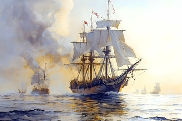 Obraz premium Ocean battle; sailing ship fleet; sunrise smoke