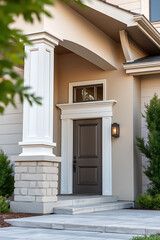 Modern House Exterior: Elegant Entrance with Brick Columns and Stone Steps.  Luxury Real Estate Property with Stunning Facade Design
