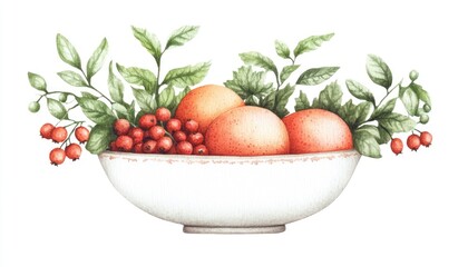 A beautifully arranged bowl of oranges and red berries surrounded by lush green leaves, showcasing a vibrant natural display