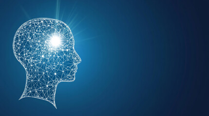 Digital wireframe head with glowing brain on blue background