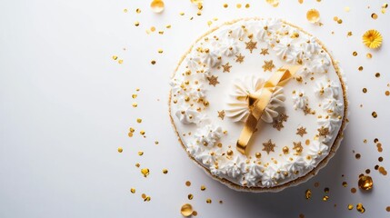 Obraz premium A beautifully decorated cake with gold stars and ribbon, ideal for celebrations.