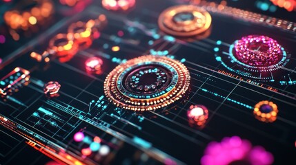 Fototapeta premium A vibrant digital interface featuring abstract patterns and glowing elements.