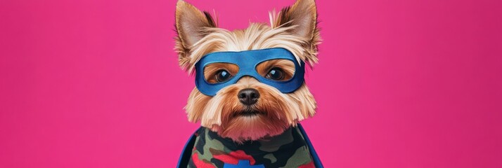 Fototapeta premium A small dog dressed as a superhero against a vibrant pink background.