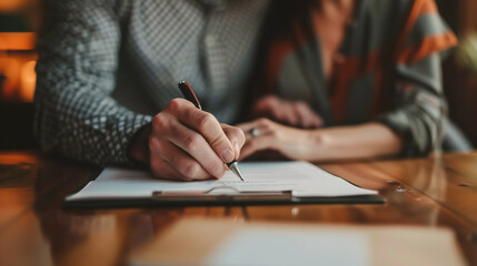 Couple signing a document together, close-up on hands.