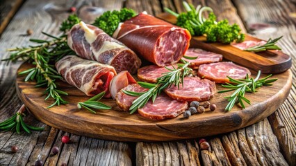 Aged Italian ham and salami with fragrant fresh herbs like rosemary and thyme arranged on a rustic wooden board for a gourmet meal presentation, herbs, salami