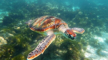 Fototapeta premium Hawksbill Sea Turtle Swimming Underwater In Ocean